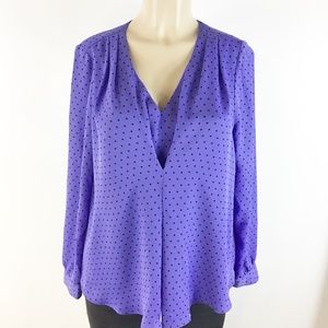 ELLE Women's career wear purple poka dot Blouse V Neck Long Sleeves Size Medium